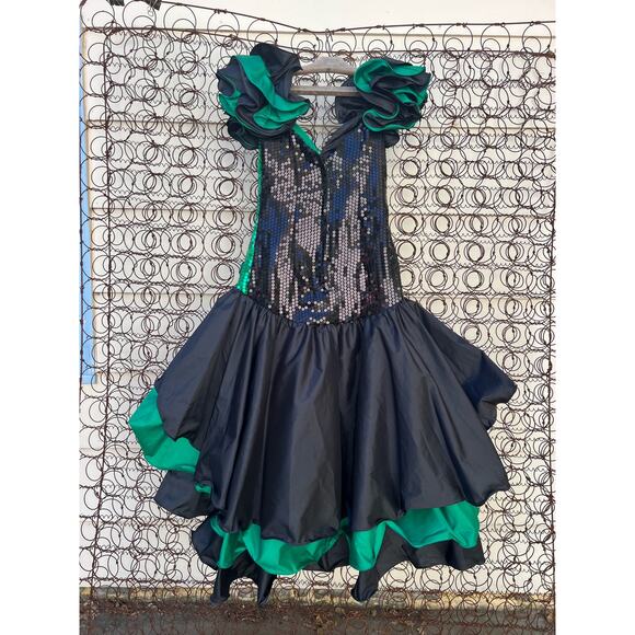 Vintage 80s Alyce Designs Green Black Sequin Ruffle Prom Ball Gown Mardi Gras XS - Picture 4 of 8
